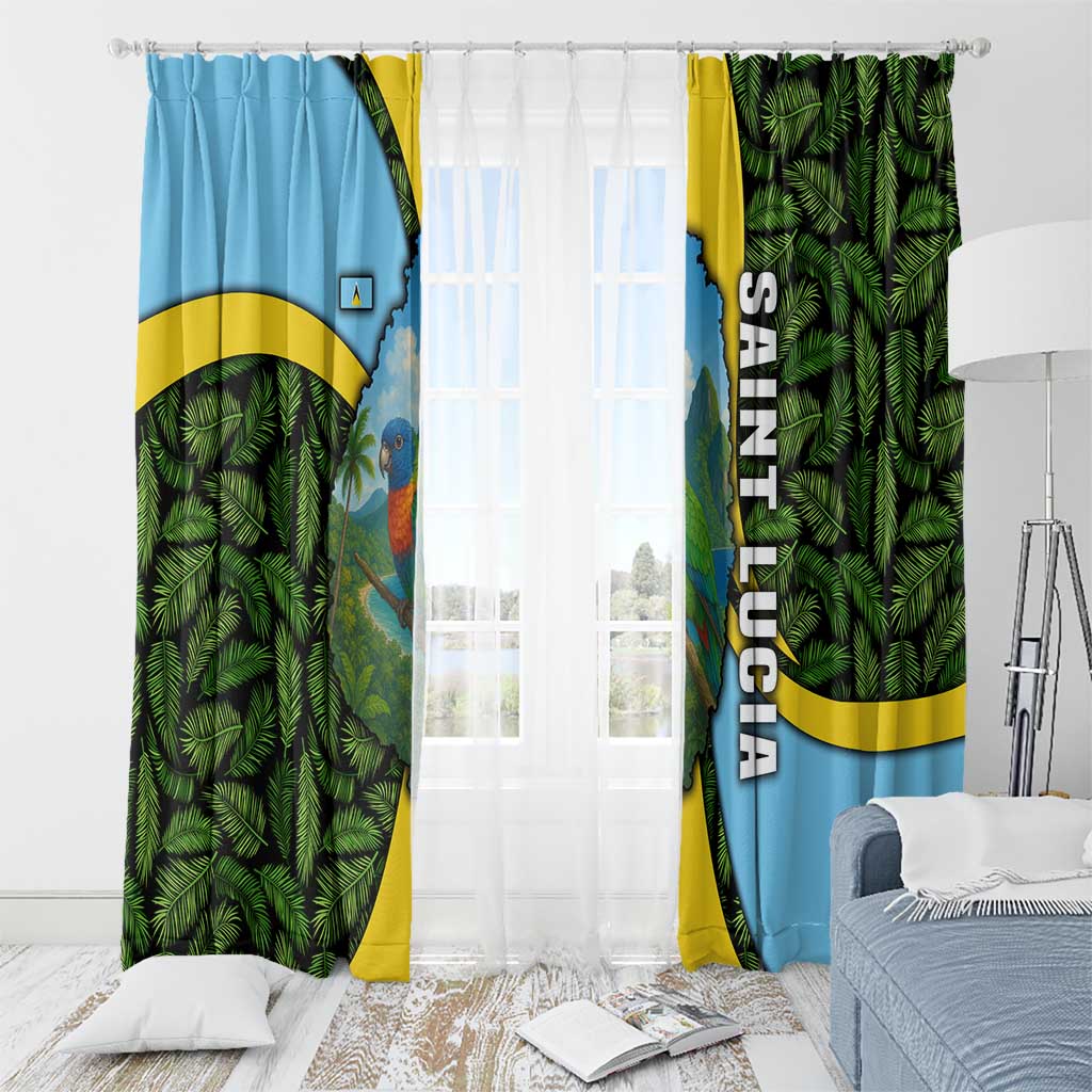 Saint Lucia Parrot Window Curtain with Tropical Palm Leaf and Flag Color Wave Design - Wonder Print Shop