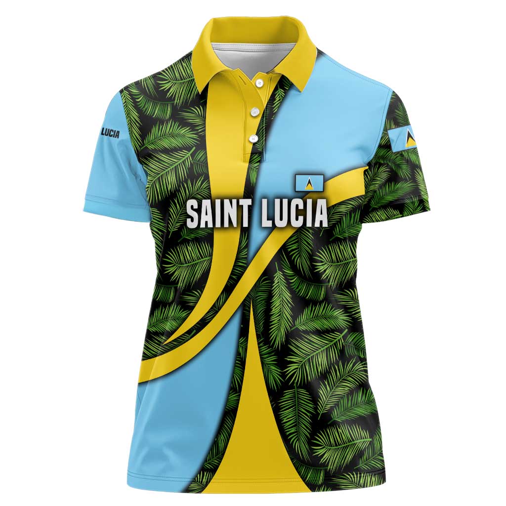 Saint Lucia Parrot Women Polo Shirt with Tropical Palm Leaf and Flag Color Wave Design - Wonder Print Shop