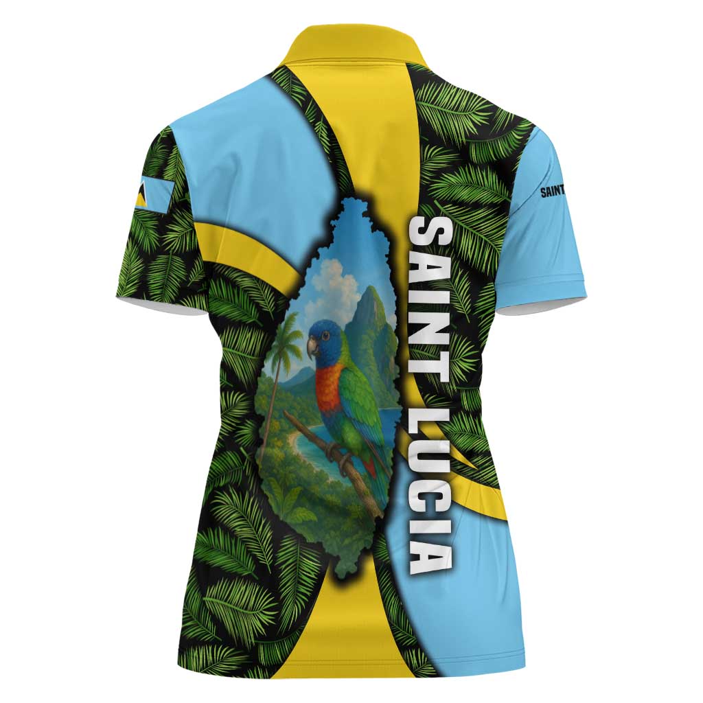 Saint Lucia Parrot Women Polo Shirt with Tropical Palm Leaf and Flag Color Wave Design - Wonder Print Shop