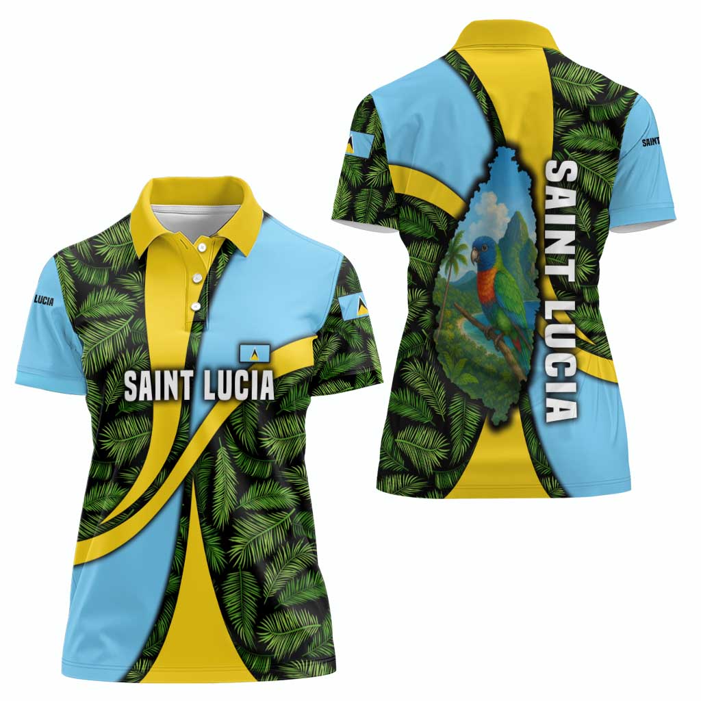 Saint Lucia Parrot Women Polo Shirt with Tropical Palm Leaf and Flag Color Wave Design - Wonder Print Shop