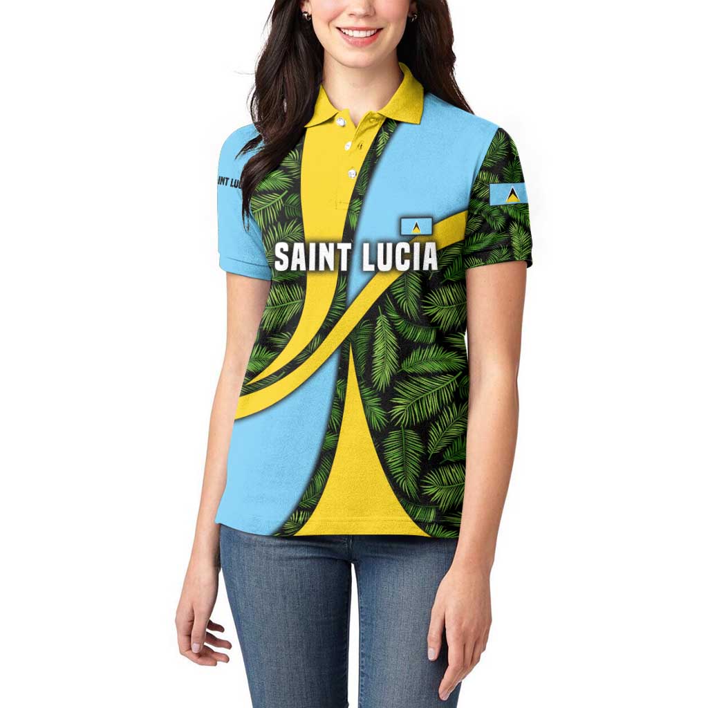 Saint Lucia Parrot Women Polo Shirt with Tropical Palm Leaf and Flag Color Wave Design - Wonder Print Shop