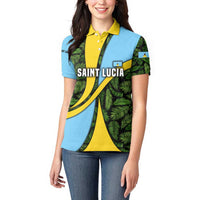 Saint Lucia Parrot Women Polo Shirt with Tropical Palm Leaf and Flag Color Wave Design - Wonder Print Shop