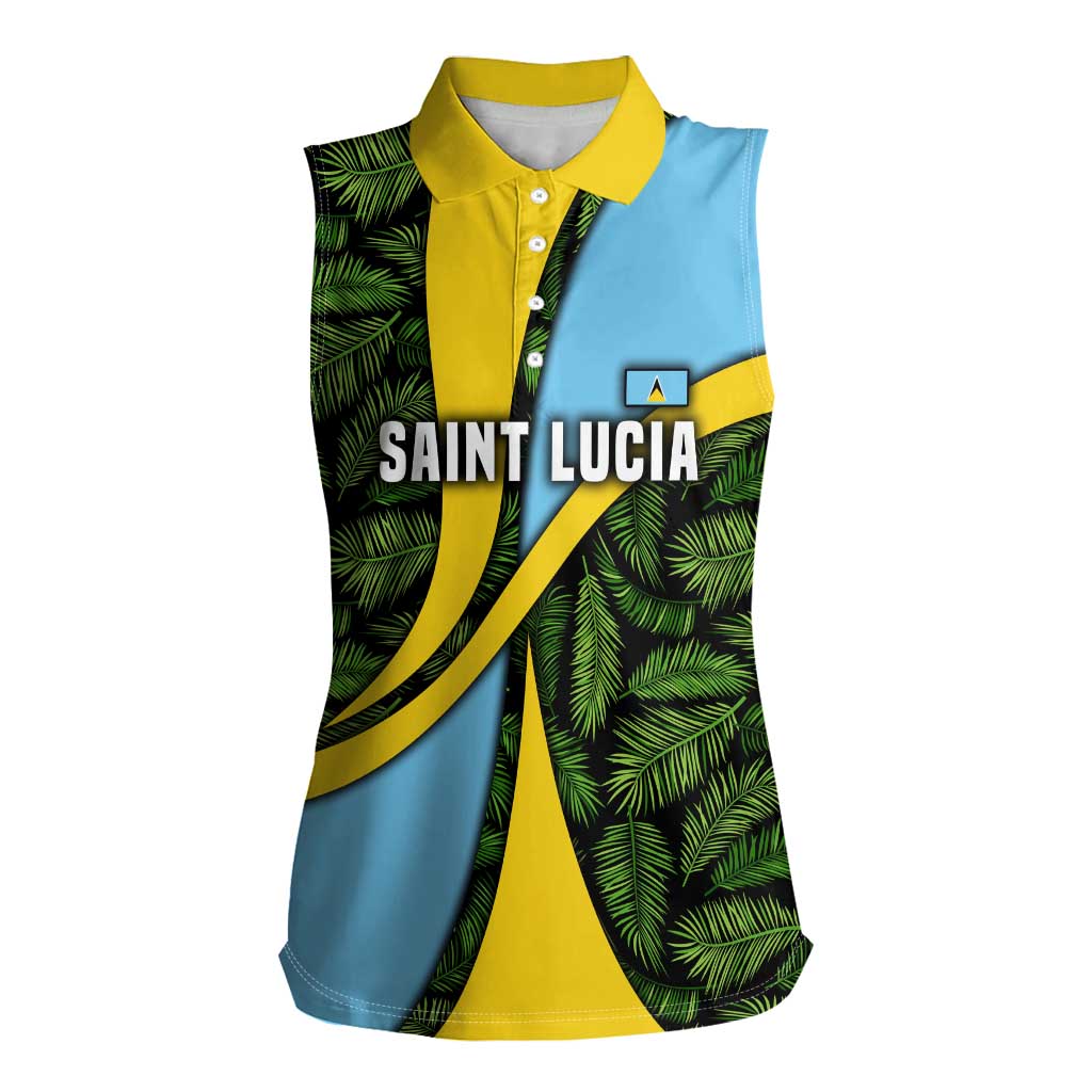 Saint Lucia Parrot Women Sleeveless Polo Shirt with Tropical Palm Leaf and Flag Color Wave Design - Wonder Print Shop