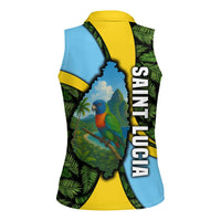 Saint Lucia Parrot Women Sleeveless Polo Shirt with Tropical Palm Leaf and Flag Color Wave Design - Wonder Print Shop