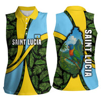 Saint Lucia Parrot Women Sleeveless Polo Shirt with Tropical Palm Leaf and Flag Color Wave Design - Wonder Print Shop