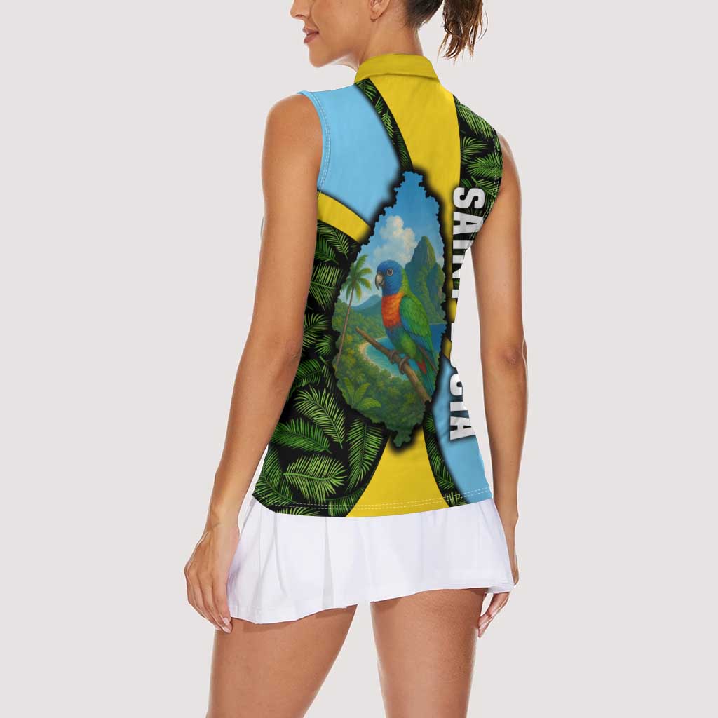 Saint Lucia Parrot Women Sleeveless Polo Shirt with Tropical Palm Leaf and Flag Color Wave Design - Wonder Print Shop