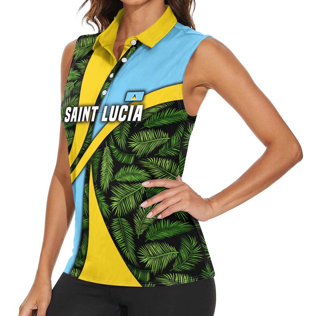 Saint Lucia Parrot Women Sleeveless Polo Shirt with Tropical Palm Leaf and Flag Color Wave Design - Wonder Print Shop