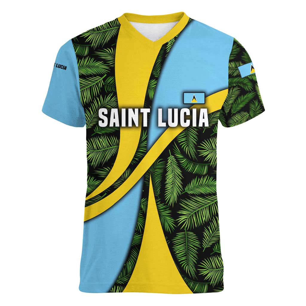 Saint Lucia Parrot Women V-Neck T-Shirt with Tropical Palm Leaf and Flag Color Wave Design - Wonder Print Shop
