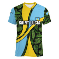 Saint Lucia Parrot Women V-Neck T-Shirt with Tropical Palm Leaf and Flag Color Wave Design - Wonder Print Shop