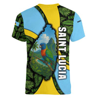 Saint Lucia Parrot Women V-Neck T-Shirt with Tropical Palm Leaf and Flag Color Wave Design - Wonder Print Shop