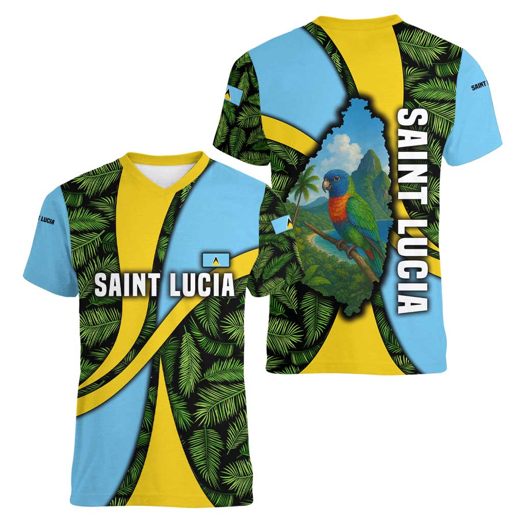 Saint Lucia Parrot Women V-Neck T-Shirt with Tropical Palm Leaf and Flag Color Wave Design - Wonder Print Shop