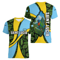 Saint Lucia Parrot Women V-Neck T-Shirt with Tropical Palm Leaf and Flag Color Wave Design - Wonder Print Shop