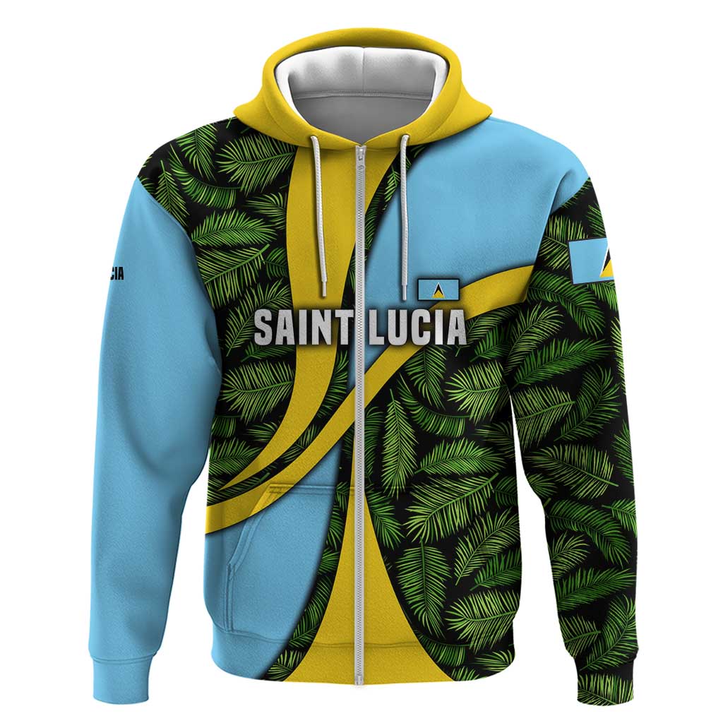 Saint Lucia Parrot Zip Hoodie with Tropical Palm Leaf and Flag Color Wave Design - Wonder Print Shop