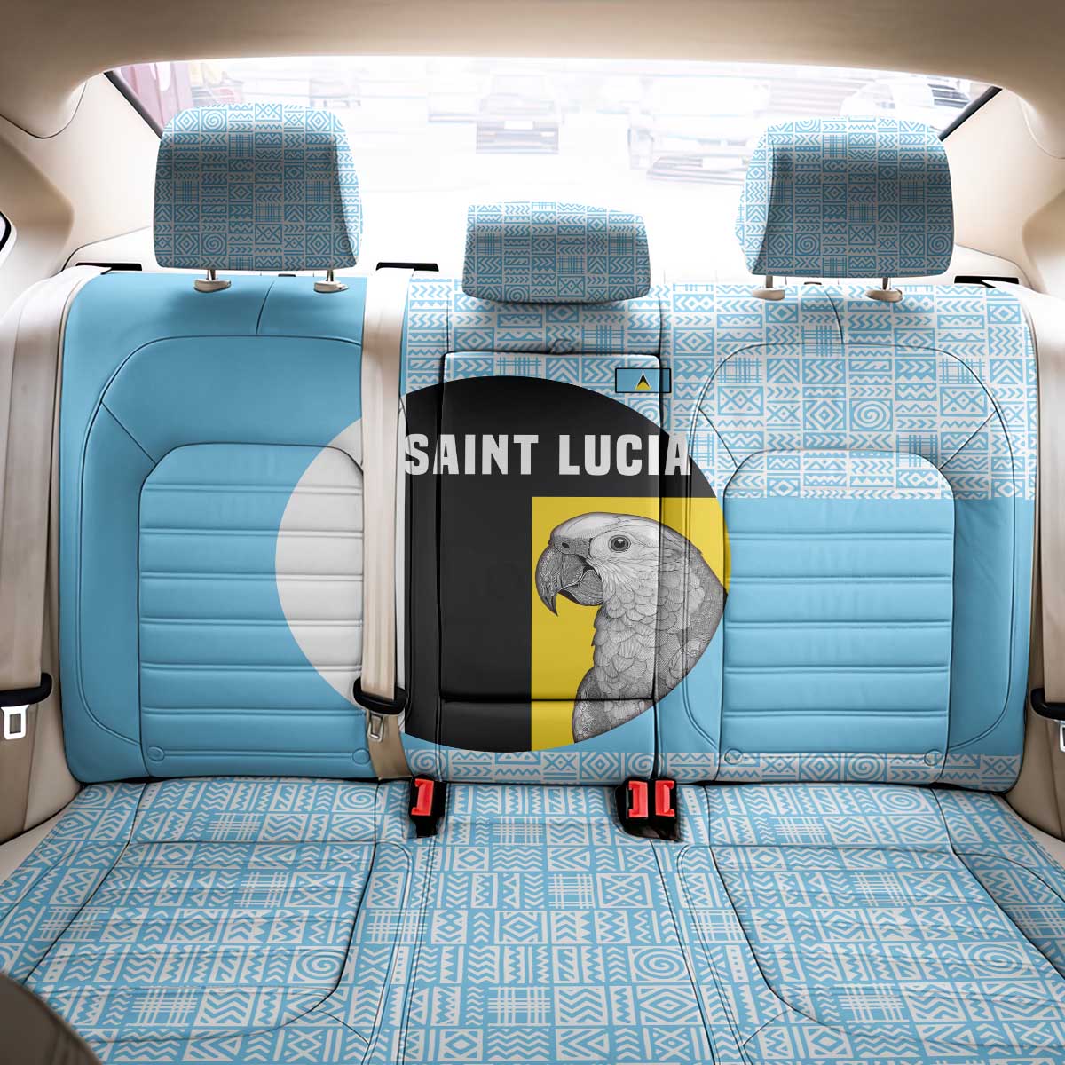 Saint Lucia Graphic Parrot Back Car Seat Cover with Tribal Pattern and Minimalist Blue Black Design - Wonder Print Shop