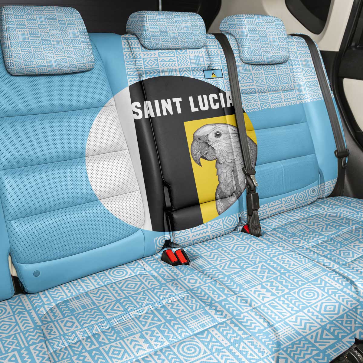 Saint Lucia Graphic Parrot Back Car Seat Cover with Tribal Pattern and Minimalist Blue Black Design - Wonder Print Shop