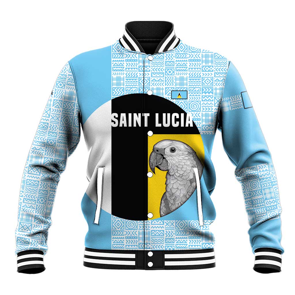 Saint Lucia Graphic Parrot Baseball Jacket with Tribal Pattern and Minimalist Blue Black Design - Wonder Print Shop