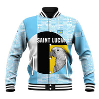 Saint Lucia Graphic Parrot Baseball Jacket with Tribal Pattern and Minimalist Blue Black Design - Wonder Print Shop