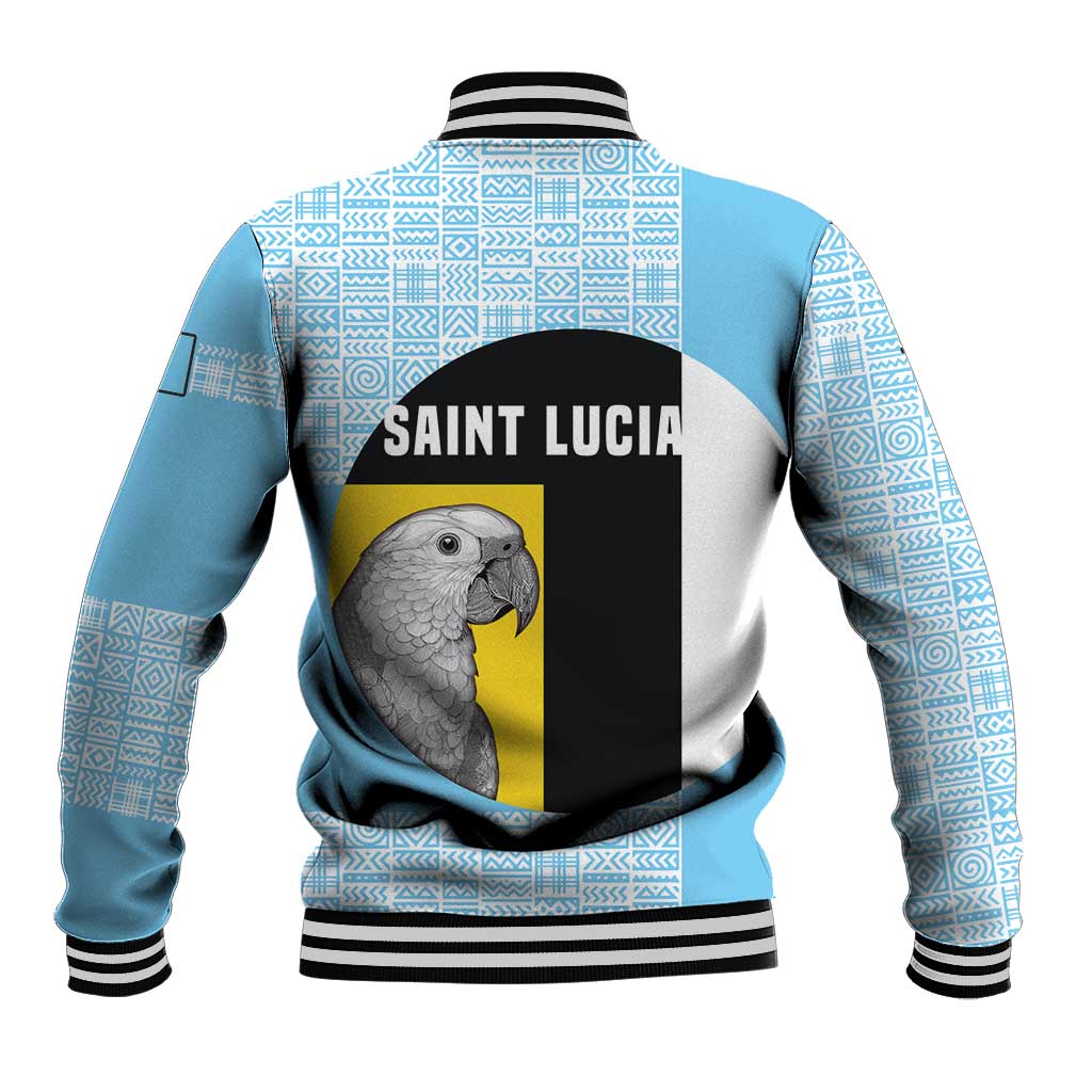 Saint Lucia Graphic Parrot Baseball Jacket with Tribal Pattern and Minimalist Blue Black Design - Wonder Print Shop