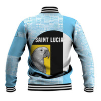 Saint Lucia Graphic Parrot Baseball Jacket with Tribal Pattern and Minimalist Blue Black Design - Wonder Print Shop