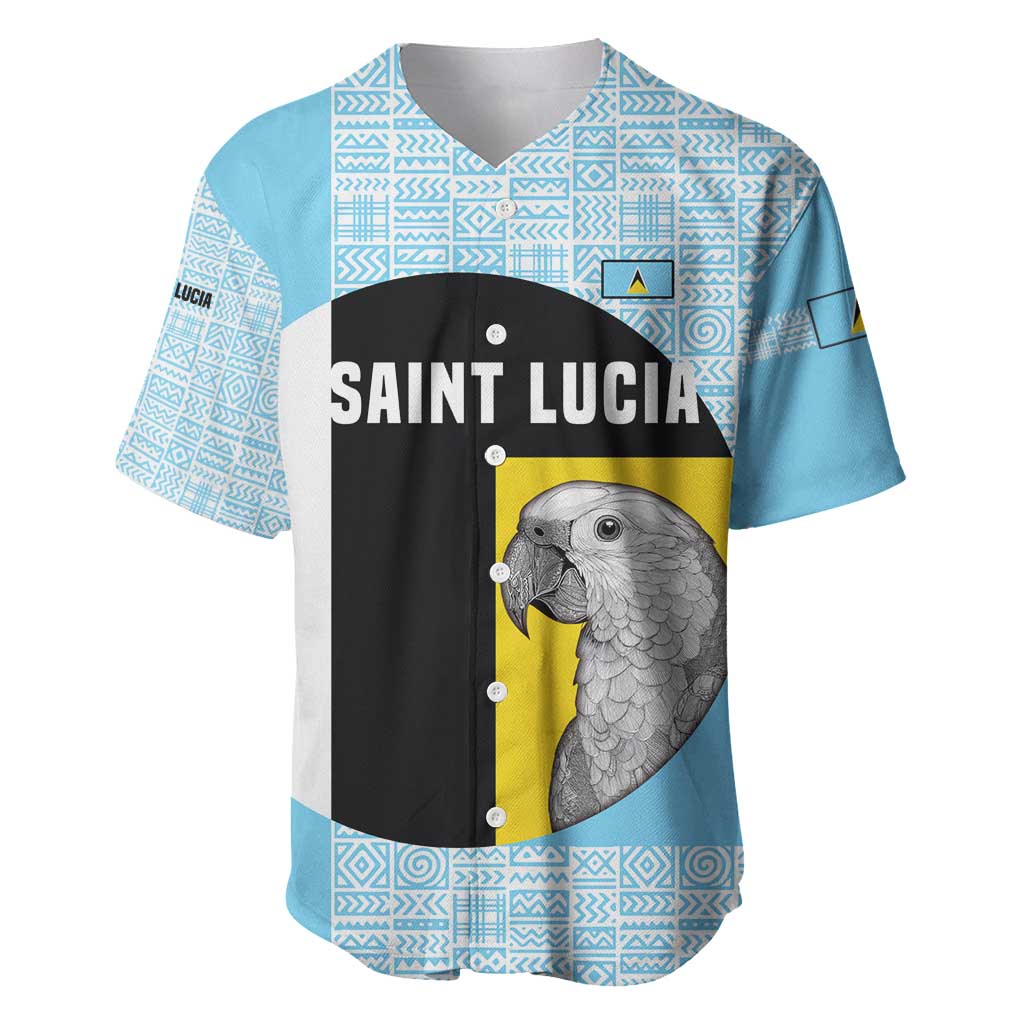 Saint Lucia Graphic Parrot Baseball Jersey with Tribal Pattern and Minimalist Blue Black Design - Wonder Print Shop