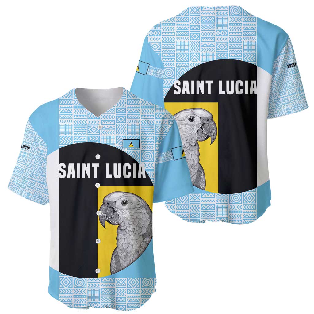 Saint Lucia Graphic Parrot Baseball Jersey with Tribal Pattern and Minimalist Blue Black Design - Wonder Print Shop