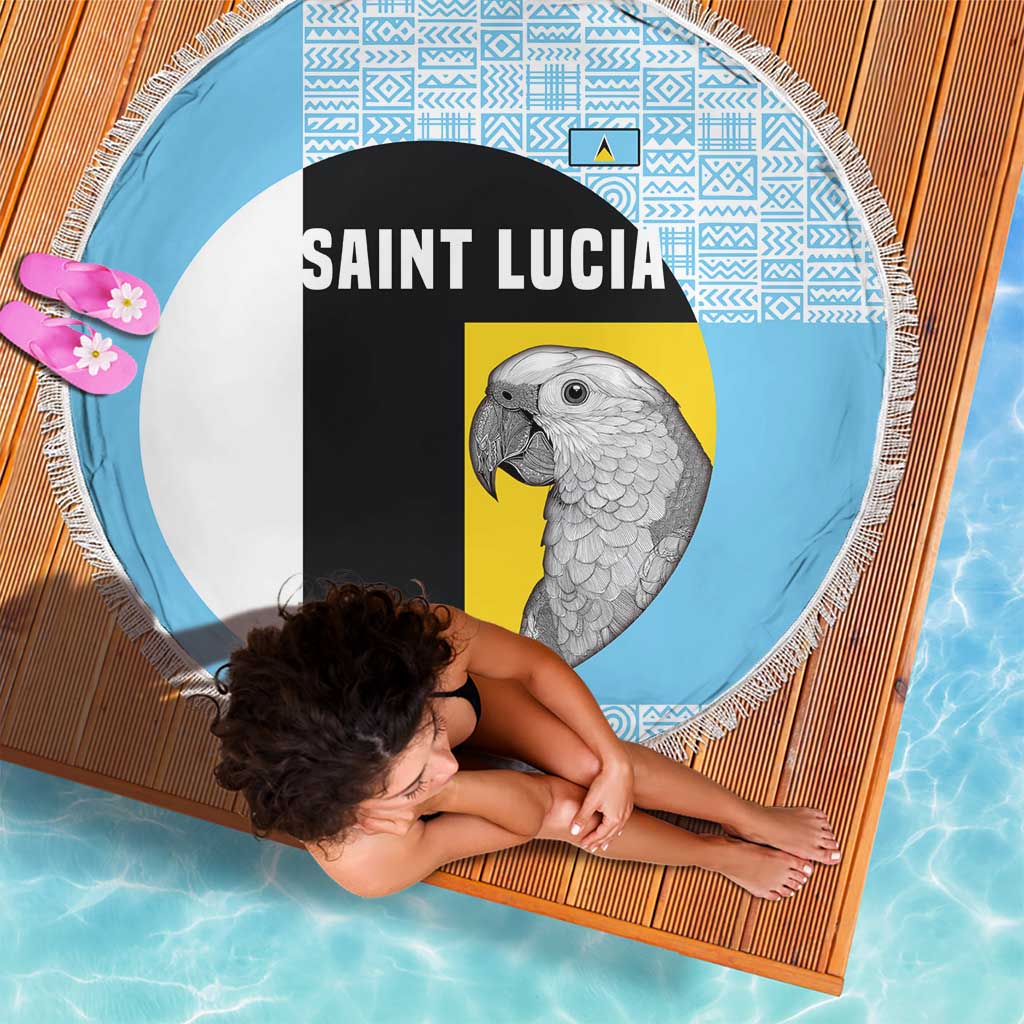 Saint Lucia Graphic Parrot Beach Blanket with Tribal Pattern and Minimalist Blue Black Design - Wonder Print Shop