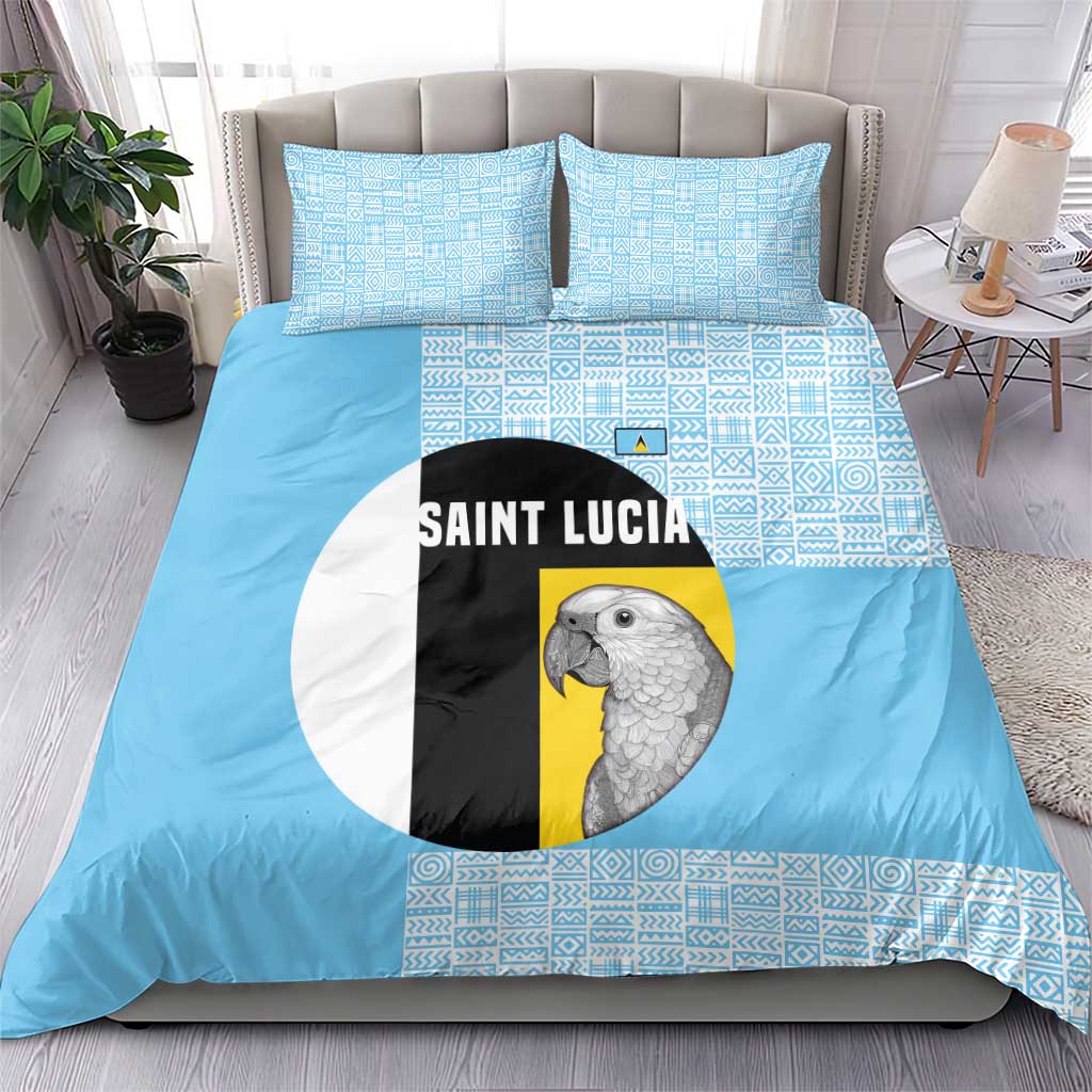 Saint Lucia Graphic Parrot Bedding Set with Tribal Pattern and Minimalist Blue Black Design - Wonder Print Shop