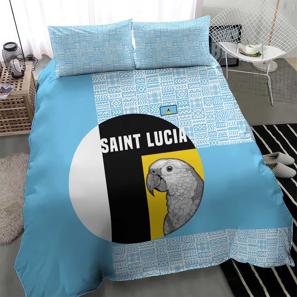 Saint Lucia Graphic Parrot Bedding Set with Tribal Pattern and Minimalist Blue Black Design - Wonder Print Shop