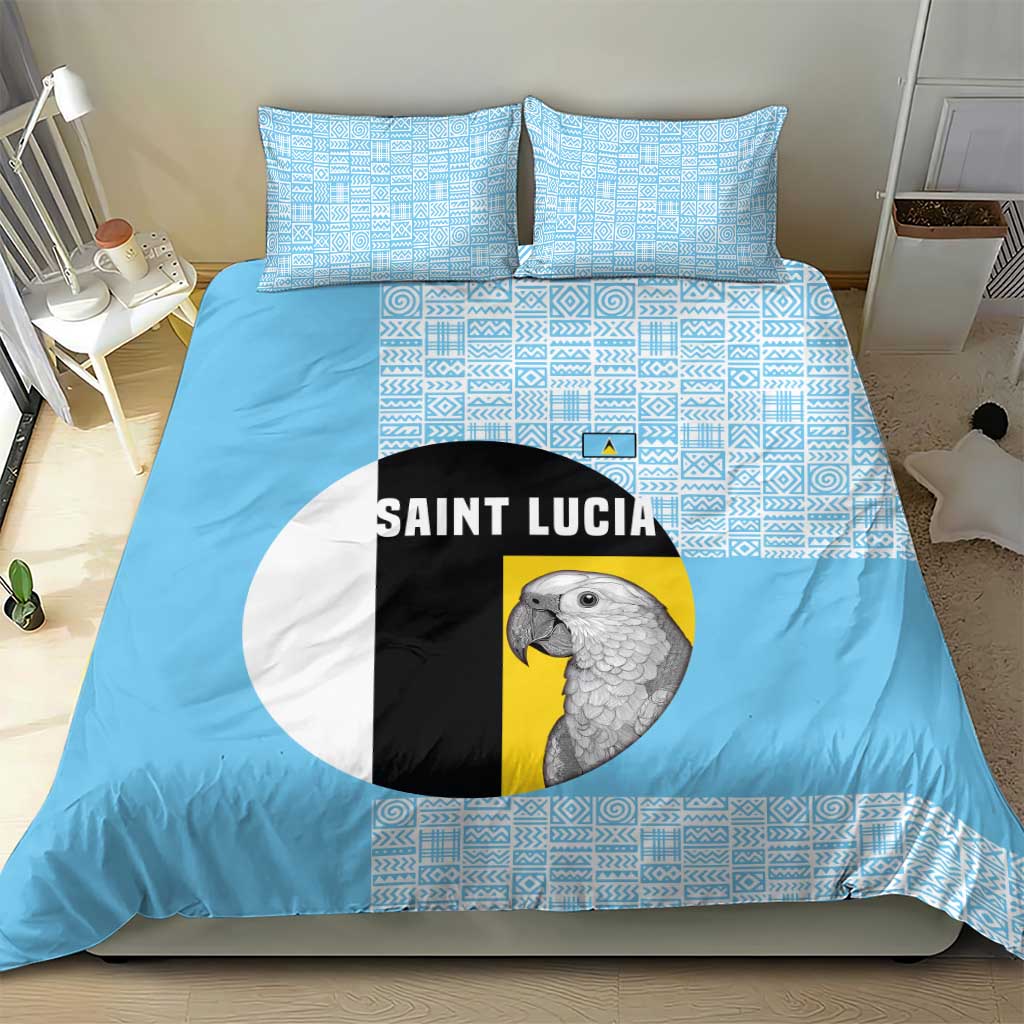 Saint Lucia Graphic Parrot Bedding Set with Tribal Pattern and Minimalist Blue Black Design - Wonder Print Shop