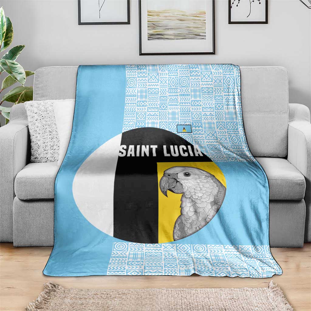 Saint Lucia Graphic Parrot Blanket with Tribal Pattern and Minimalist Blue Black Design - Wonder Print Shop