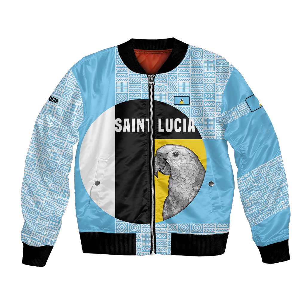 Saint Lucia Graphic Parrot Bomber Jacket with Tribal Pattern and Minimalist Blue Black Design - Wonder Print Shop