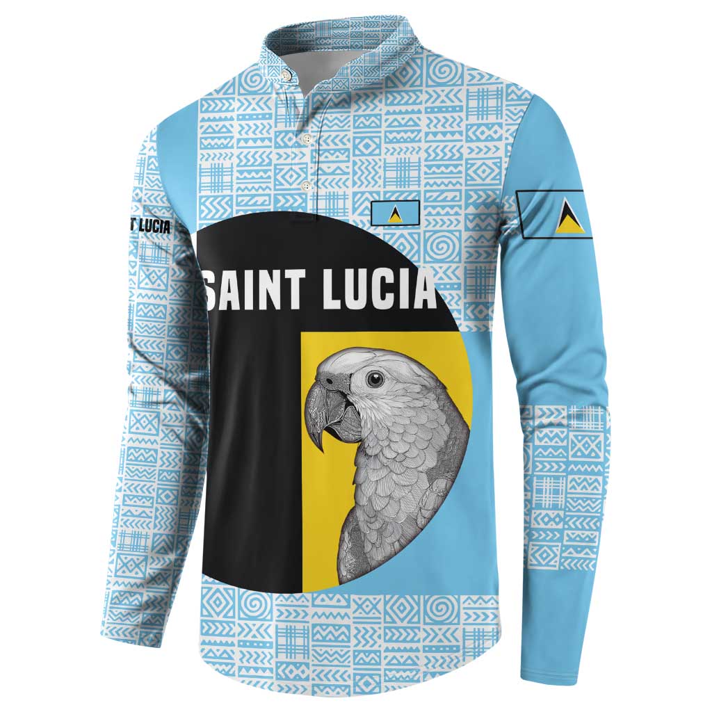 Saint Lucia Graphic Parrot Button Sweatshirt with Tribal Pattern and Minimalist Blue Black Design - Wonder Print Shop