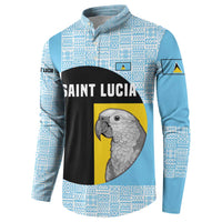 Saint Lucia Graphic Parrot Button Sweatshirt with Tribal Pattern and Minimalist Blue Black Design - Wonder Print Shop