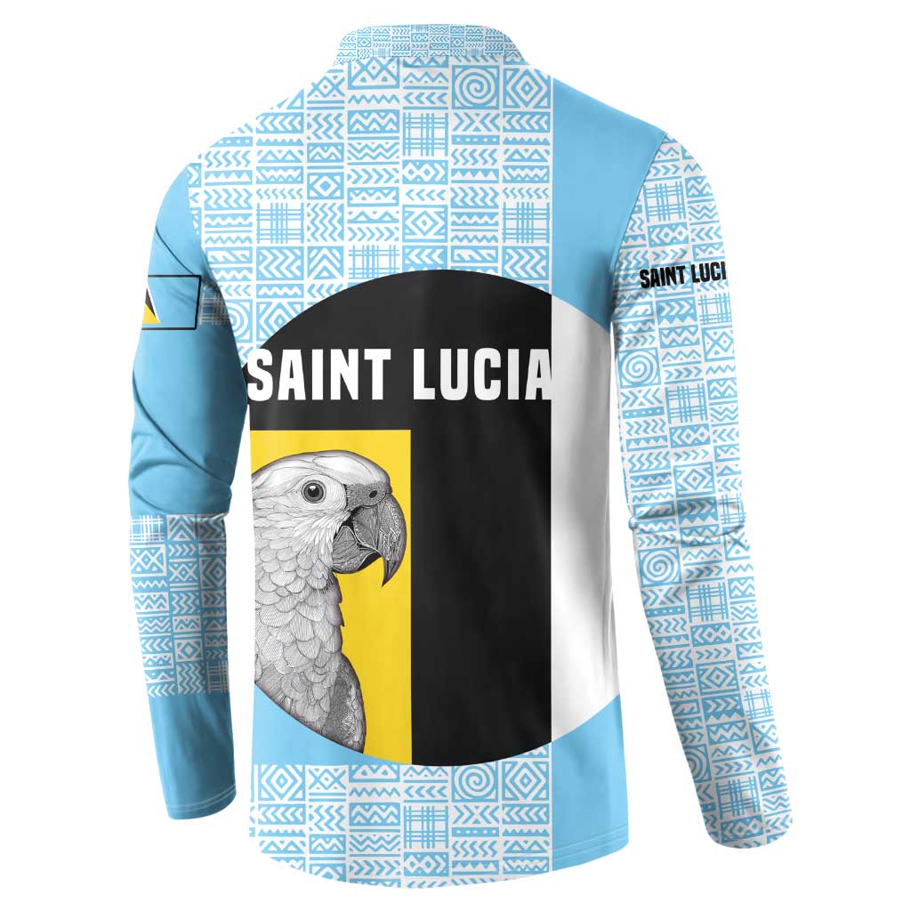 Saint Lucia Graphic Parrot Button Sweatshirt with Tribal Pattern and Minimalist Blue Black Design - Wonder Print Shop