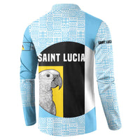 Saint Lucia Graphic Parrot Button Sweatshirt with Tribal Pattern and Minimalist Blue Black Design - Wonder Print Shop