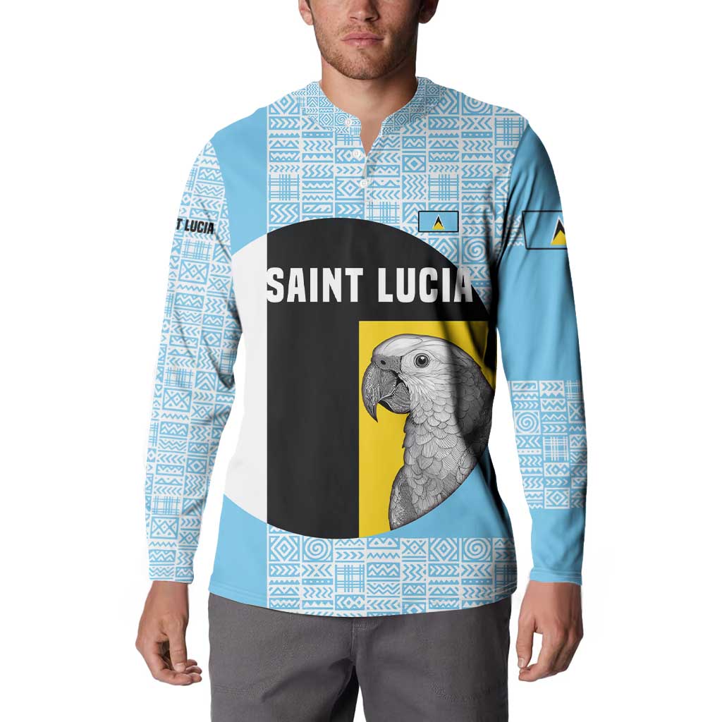 Saint Lucia Graphic Parrot Button Sweatshirt with Tribal Pattern and Minimalist Blue Black Design - Wonder Print Shop