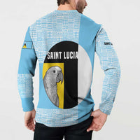 Saint Lucia Graphic Parrot Button Sweatshirt with Tribal Pattern and Minimalist Blue Black Design - Wonder Print Shop