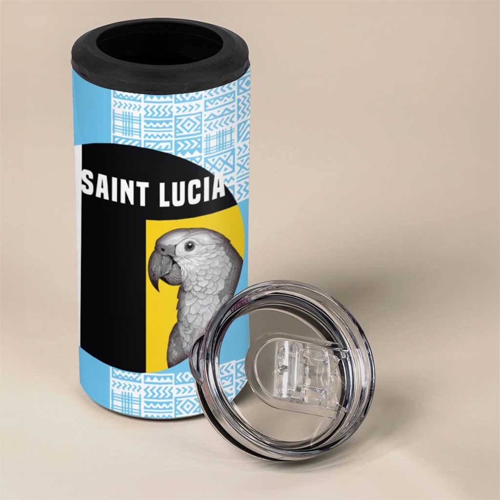 Saint Lucia Graphic Parrot 4 in 1 Can Cooler Tumbler with Tribal Pattern and Minimalist Blue Black Design - Wonder Print Shop