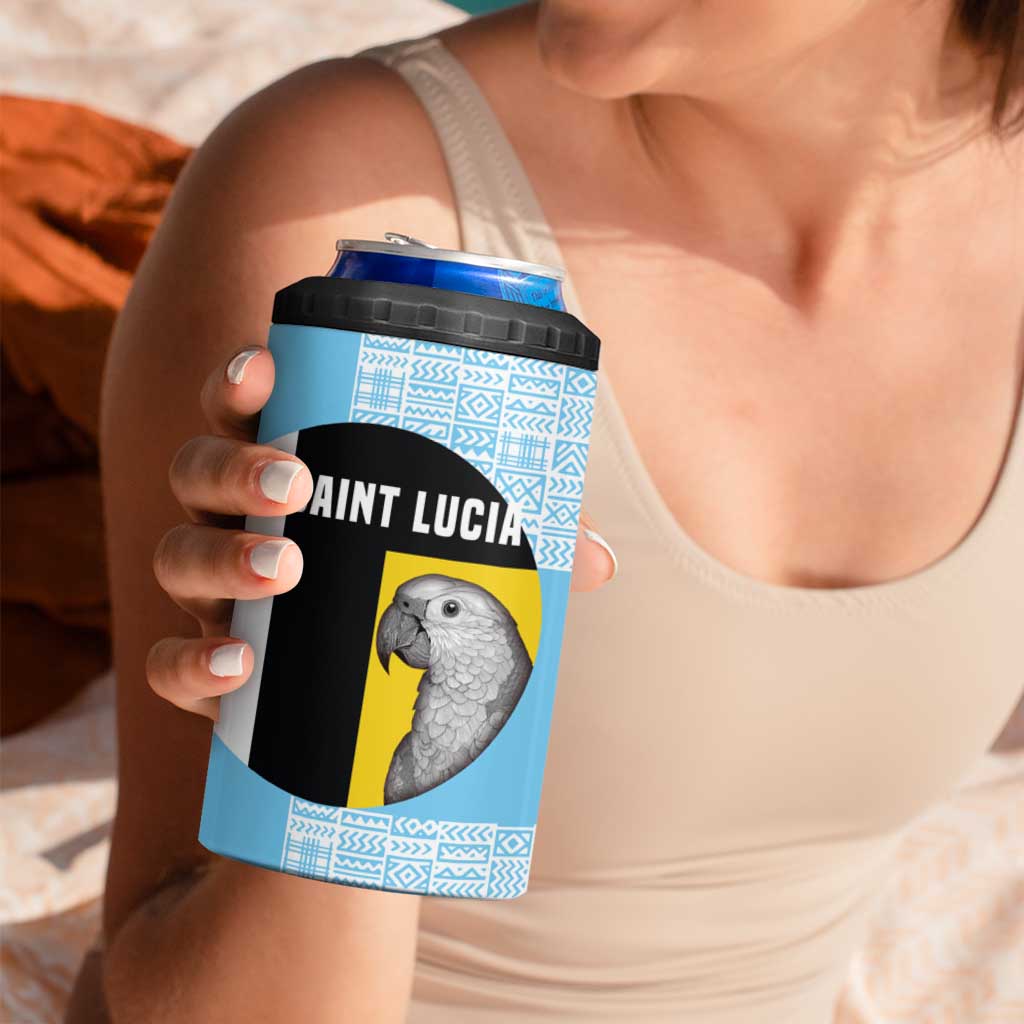 Saint Lucia Graphic Parrot 4 in 1 Can Cooler Tumbler with Tribal Pattern and Minimalist Blue Black Design - Wonder Print Shop