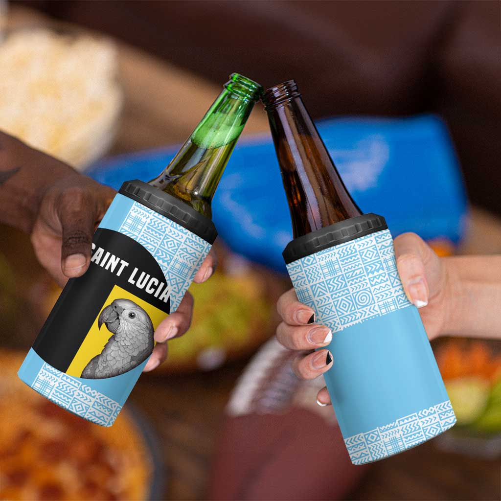 Saint Lucia Graphic Parrot 4 in 1 Can Cooler Tumbler with Tribal Pattern and Minimalist Blue Black Design - Wonder Print Shop