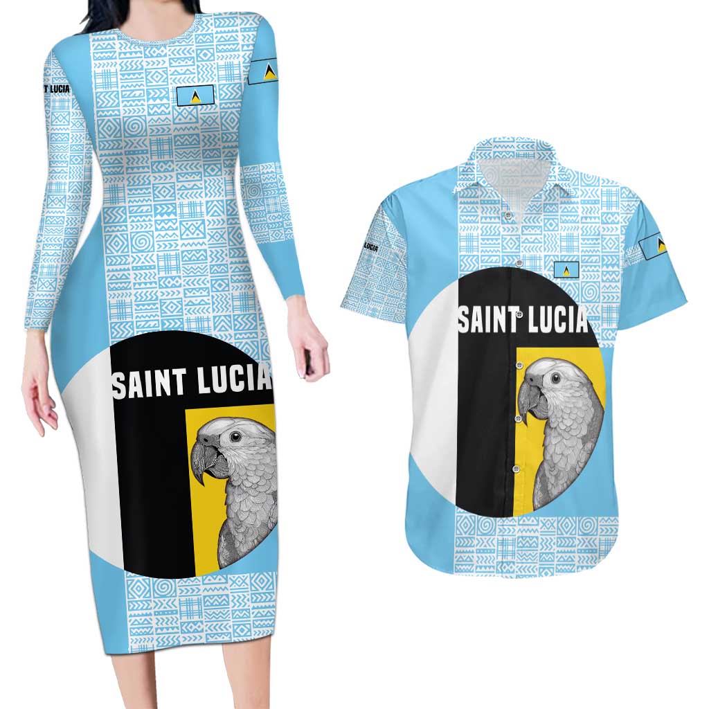 Saint Lucia Graphic Parrot Couples Matching Long Sleeve Bodycon Dress and Hawaiian Shirt with Tribal Pattern and Minimalist Blue Black Design - Wonder Print Shop