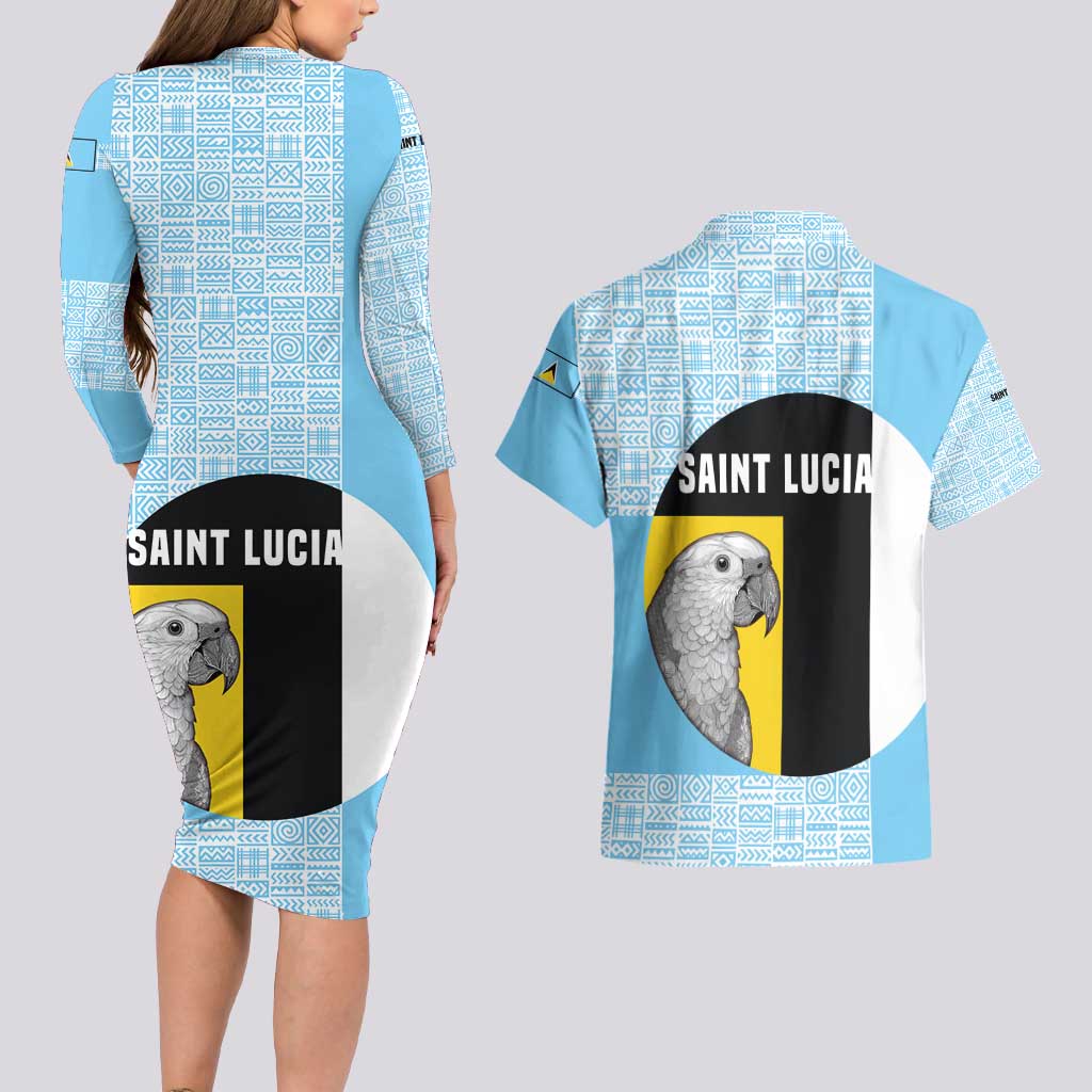 Saint Lucia Graphic Parrot Couples Matching Long Sleeve Bodycon Dress and Hawaiian Shirt with Tribal Pattern and Minimalist Blue Black Design - Wonder Print Shop