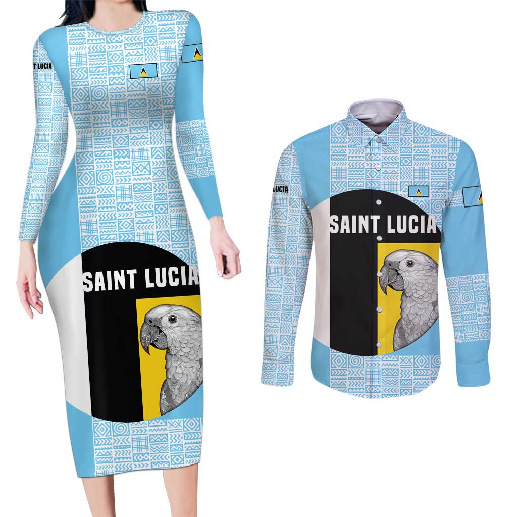 Saint Lucia Graphic Parrot Couples Matching Long Sleeve Bodycon Dress and Long Sleeve Button Shirt with Tribal Pattern and Minimalist Blue Black Design - Wonder Print Shop