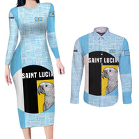 Saint Lucia Graphic Parrot Couples Matching Long Sleeve Bodycon Dress and Long Sleeve Button Shirt with Tribal Pattern and Minimalist Blue Black Design - Wonder Print Shop