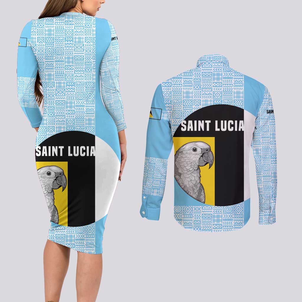 Saint Lucia Graphic Parrot Couples Matching Long Sleeve Bodycon Dress and Long Sleeve Button Shirt with Tribal Pattern and Minimalist Blue Black Design - Wonder Print Shop