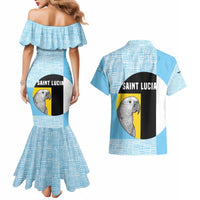 Saint Lucia Graphic Parrot Couples Matching Mermaid Dress and Hawaiian Shirt with Tribal Pattern and Minimalist Blue Black Design - Wonder Print Shop