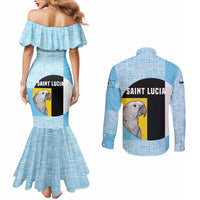 Saint Lucia Graphic Parrot Couples Matching Mermaid Dress and Long Sleeve Button Shirt with Tribal Pattern and Minimalist Blue Black Design - Wonder Print Shop