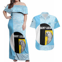 Saint Lucia Graphic Parrot Couples Matching Off Shoulder Maxi Dress and Hawaiian Shirt with Tribal Pattern and Minimalist Blue Black Design - Wonder Print Shop