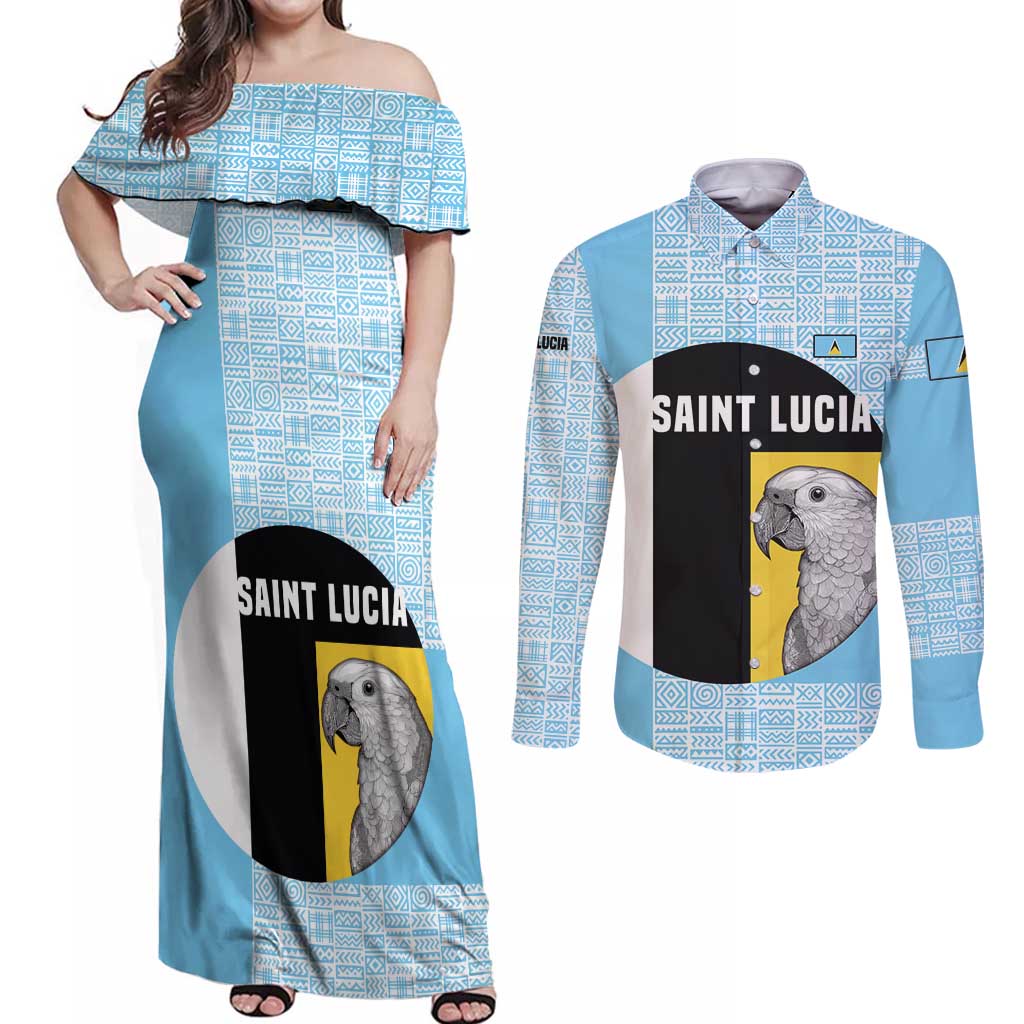 Saint Lucia Graphic Parrot Couples Matching Off Shoulder Maxi Dress and Long Sleeve Button Shirt with Tribal Pattern and Minimalist Blue Black Design - Wonder Print Shop