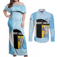 Saint Lucia Graphic Parrot Couples Matching Off Shoulder Maxi Dress and Long Sleeve Button Shirt with Tribal Pattern and Minimalist Blue Black Design - Wonder Print Shop